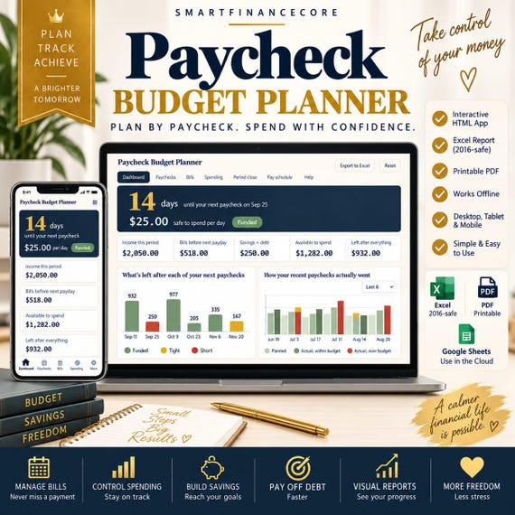 Paycheck to Paycheck Budget Planner | Weekly, Biweekly, Semimonthly & Monthly Budget | Excel, Google Sheets, Fillable PDF, HTML App