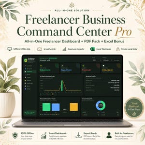 Peut inclure: Un ordinateur portable affichant le tableau de bord Freelancer Business Command Center Pro, présentant des données financières, des graphiques et des indicateurs de santé commerciale. L'interface inclut des outils, des rapports et des fichiers Excel.