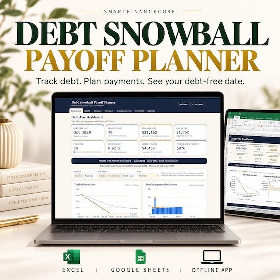 Debt Snowball Payoff Planner | Debt Tracker, Extra Payment Calculator & Debt Free Dashboard | Excel, Google Sheets + Offline App
