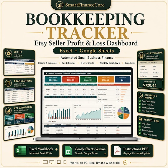 Small Business Bookkeeping Tracker | Etsy Seller Profit Loss Dashboard (Excel, Google Sheets)