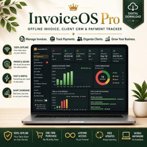 Può includere: Uno schermo di computer portatile che mostra la dashboard di InvoiceOS Pro, uno strumento digitale di gestione aziendale. L'interfaccia in modalità scura presenta grafici di dati verdi e rossi, tendenze dei ricavi ed elenchi di clienti. Il testo include Manage Invoices, Track Payments, Organize Clients e Grow Your Business.