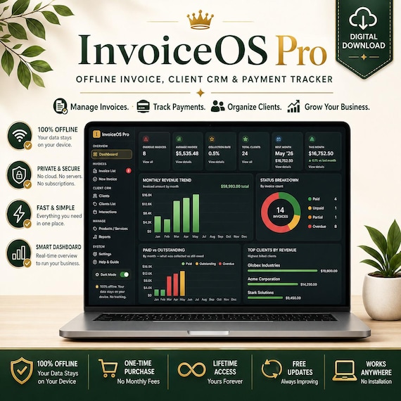 Invoice Tracker & Client CRM Bundle | Offline Invoice Dashboard + Reports + Email Templates | Freelancer Business Tool
