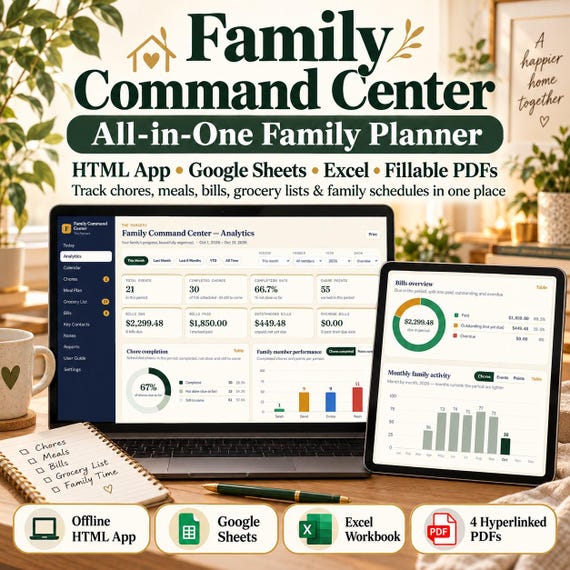 Family Command Center | Family Planner, Chore Chart, Meal Planner, Bill Tracker | Excel, Google Sheets, HTML App & Fillable PDF