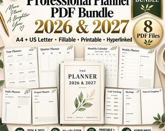 2026 2027 Professional Planner PDF Bundle | Printable Fillable Hyperlinked | A4 US Letter | Work Project Planner