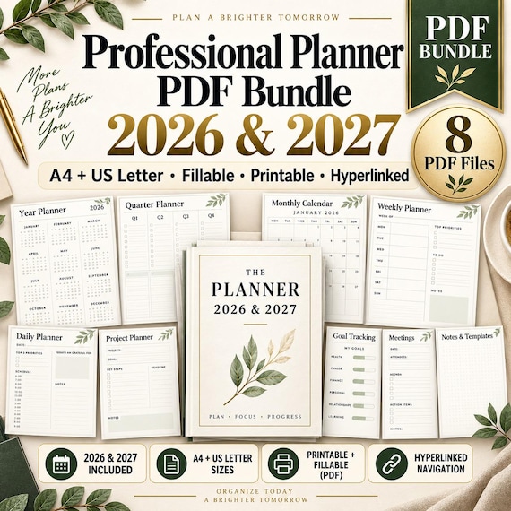 2026 2027 Professional Planner PDF Bundle | Printable Fillable Hyperlinked | A4 US Letter | Work Project Planner