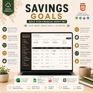 May include: A digital savings goals budget planner displayed on a laptop screen, featuring a dashboard with financial tracking tables, progress bars, and goal summaries. The interface includes text labels for savings, targets, and deadlines, with icons for various financial management features.