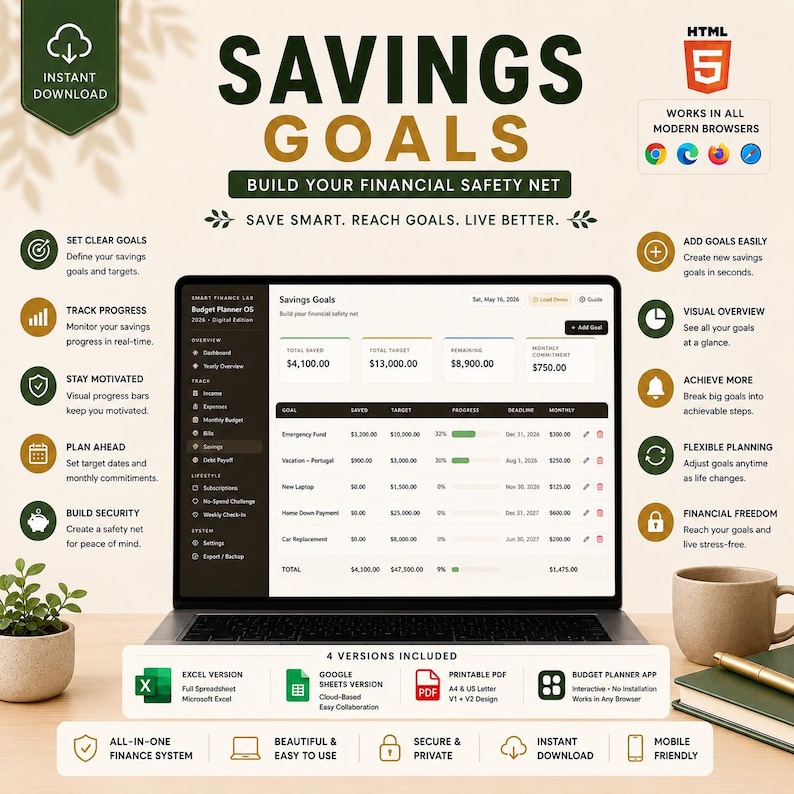 May include: A digital savings goals budget planner displayed on a laptop screen, featuring a dashboard with financial tracking tables, progress bars, and goal summaries. The interface includes text labels for savings, targets, and deadlines, with icons for various financial management features.