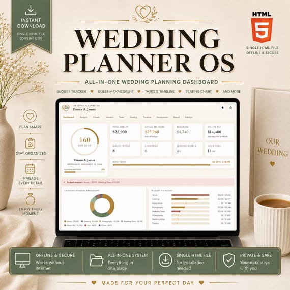 Wedding Planner OS | Budget Tracker, Guest List, Seating Chart (HTML File)