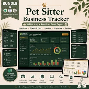 Può includere: Un pacchetto digitale di monitoraggio aziendale per pet sitter con app HTML ed esportazione Excel. L'interfaccia mostra una dashboard con tendenze di prenotazione, entrate, spese ed elenchi di clienti in un tema verde scuro.
