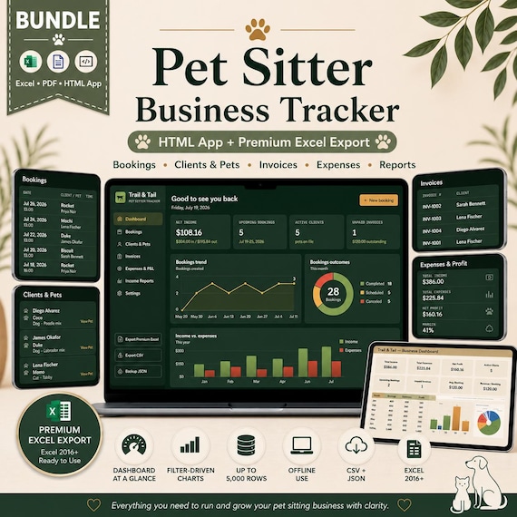 Pet Sitting Business Tracker Bundle | HTML App, Excel & GS sheets, Printable PDFs  | Clients, Bookings, Invoices, Expenses, Mileage Logs