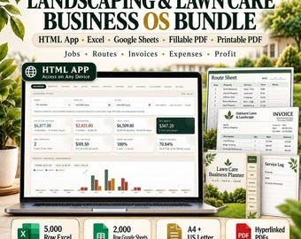 Landscaping & Lawn Care Business OS Bundle | HTML App, Excel, Google Sheets, PDF Planner | Client Job Invoice Quote Tracker Template