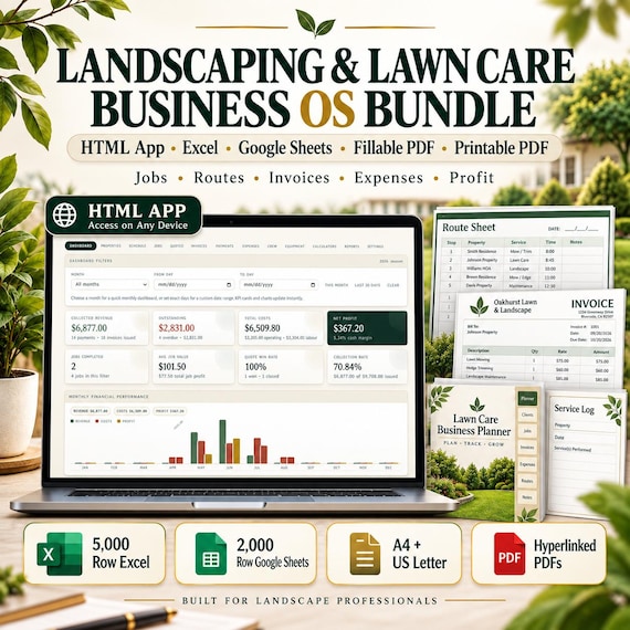 Landscaping & Lawn Care Business OS Bundle | HTML App, Excel, Google Sheets, PDF Planner | Client Job Invoice Quote Tracker Template