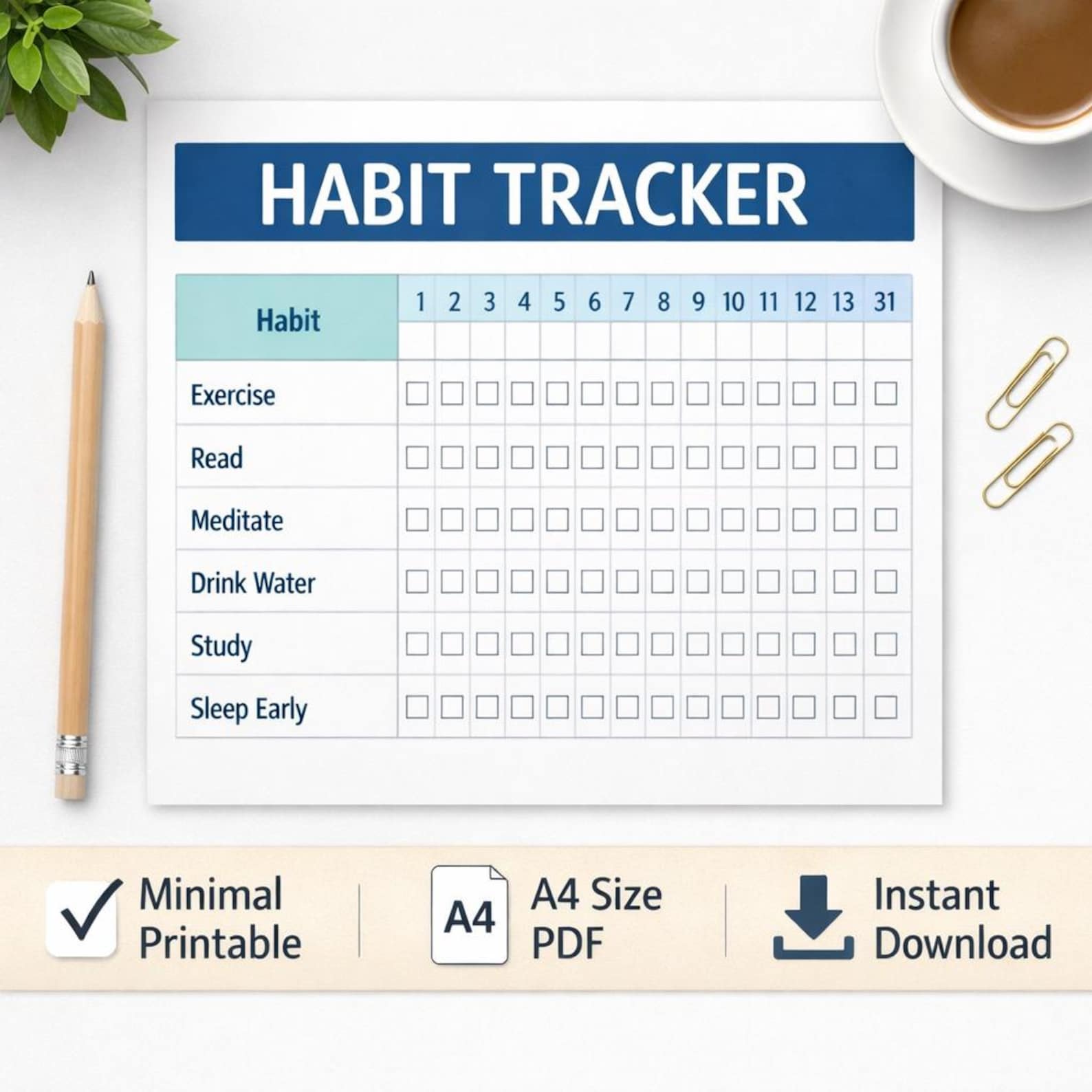 Minimal Habit Tracker Printable | Monthly Productivity Planner (A4 PDF ...