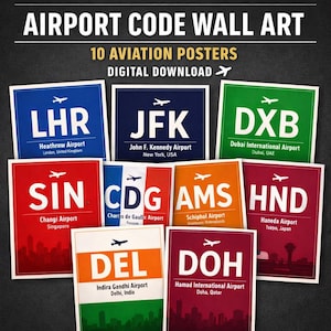Airport Code Wall Art Bundle, Aviation Printable Poster Set, LHR JFK LAX Travel Decor, Pilot Gift, Airport Poster Pack, Digital Download