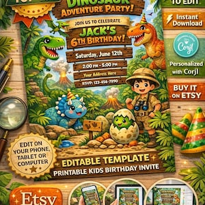 Bewerkbare dinosaurusverjaardagsposter, bord Dino-feestje voor kinderen, aangepaste naam leeftijd afdrukbare, decor dinosaurusverjaardag, Instant Download