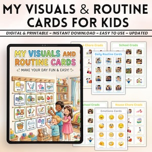 Op de afbeelding: Digitale en printbare visuele en routinekaarten voor kinderen. De kaarten bevatten dagelijkse routines, taakkaarten, schoolkaarten en emotiekaarten. De belangrijkste kaartenset bevat illustraties van dagelijkse activiteiten zoals wakker worden, tandenpoetsen en speeltijd.