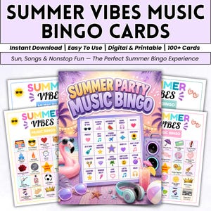 May include: A colorful image of summer-themed bingo cards. The main card reads "Summer Party Music Bingo" with various summer-related icons. Additional cards display "Summer Vibes Music Bingo." The image includes a flamingo float, sunglasses, and headphones.
