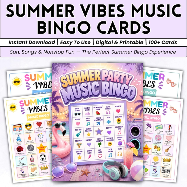 May include: A colorful image of summer-themed bingo cards. The main card reads "Summer Party Music Bingo" with various summer-related icons. Additional cards display "Summer Vibes Music Bingo." The image includes a flamingo float, sunglasses, and headphones.