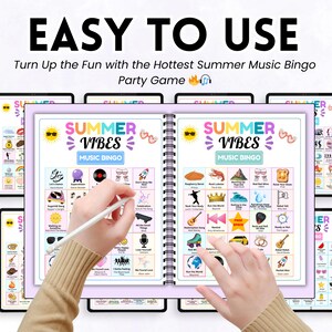 May include: A spiral-bound Summer Music Bingo game with the text "Summer Vibes Music Bingo". The game features colorful illustrations and song titles. The words "Easy to Use" are at the top.