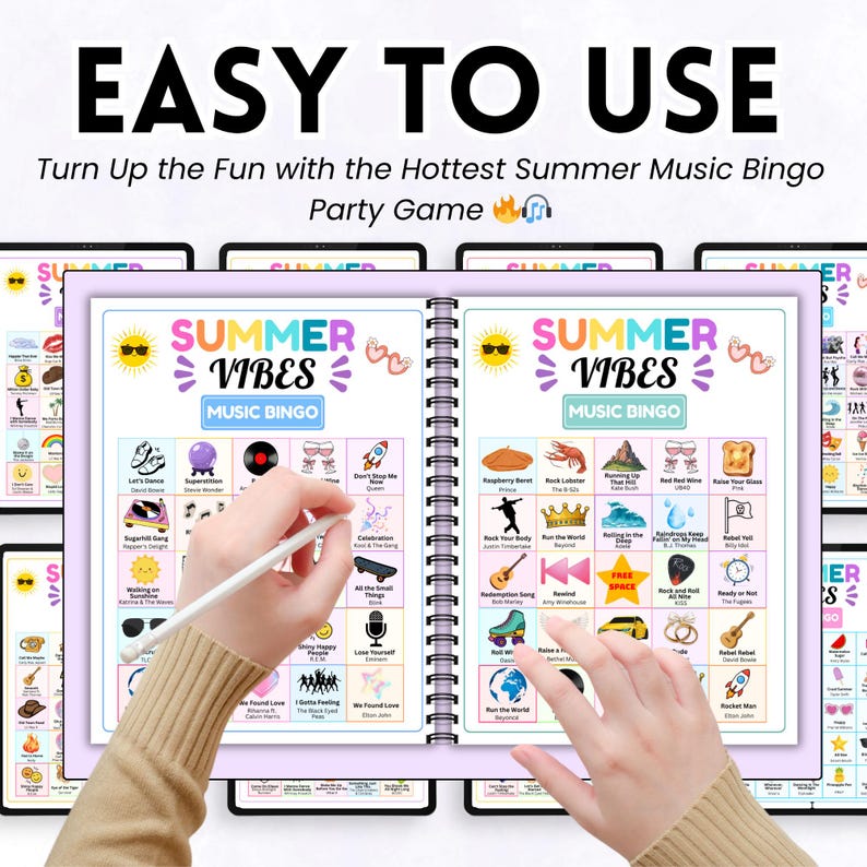 May include: A spiral-bound Summer Music Bingo game with the text "Summer Vibes Music Bingo". The game features colorful illustrations and song titles. The words "Easy to Use" are at the top.