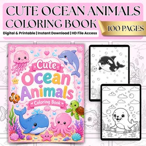 以下が含まれることがあります： 「Cute Ocean Animals Coloring Book」というタイトルの子供向け塗り絵。表紙には海洋生物のカラフルなイラストが描かれています。この本はデジタル印刷可能で、100ページあります。