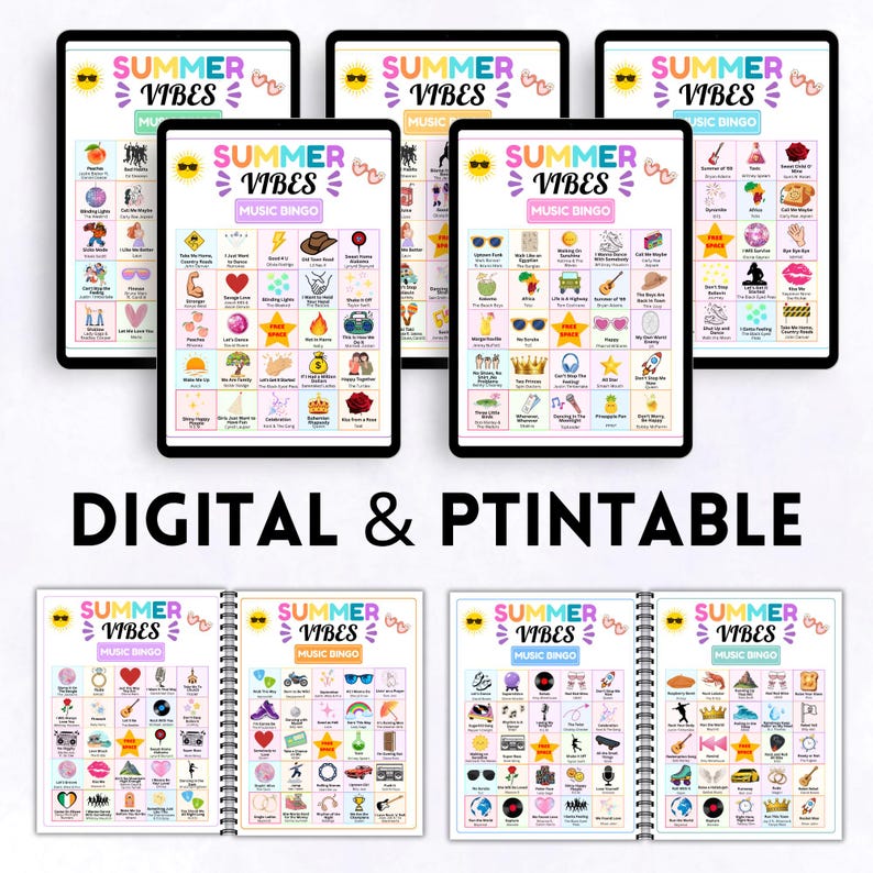 May include: Digital and printable "Summer Vibes Music Bingo" game boards. The boards feature colorful graphics and text, including sunglasses, musical notes, and hearts. The text "Summer Vibes" and "Music Bingo" are displayed prominently. The words "Digital & Printable" are also visible.