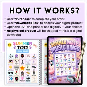 May include: A digital download product featuring two bingo game designs: "Summer Vibes Music Bingo" and "Summer Party Music Bingo." The image includes instructions: "How It Works?" and details about the digital download.