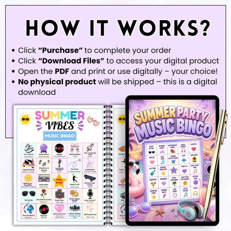May include: A digital download product featuring two bingo game designs: "Summer Vibes Music Bingo" and "Summer Party Music Bingo." The image includes instructions: "How It Works?" and details about the digital download.