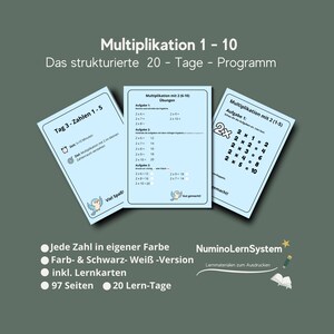 May include: Educational materials for multiplication, featuring three light blue cards with multiplication problems and exercises. The cards have text in German, including "Multiplikation 1-10" and "Tag 3-Zahlen 1-5". The image also includes a list of features.