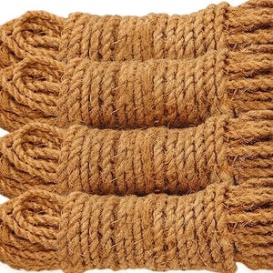 May include: Four coils of thick, natural brown rope. The rope is tightly wound and has a textured appearance. Each coil is tied at the end. The rope is suitable for various crafting and decorative purposes.