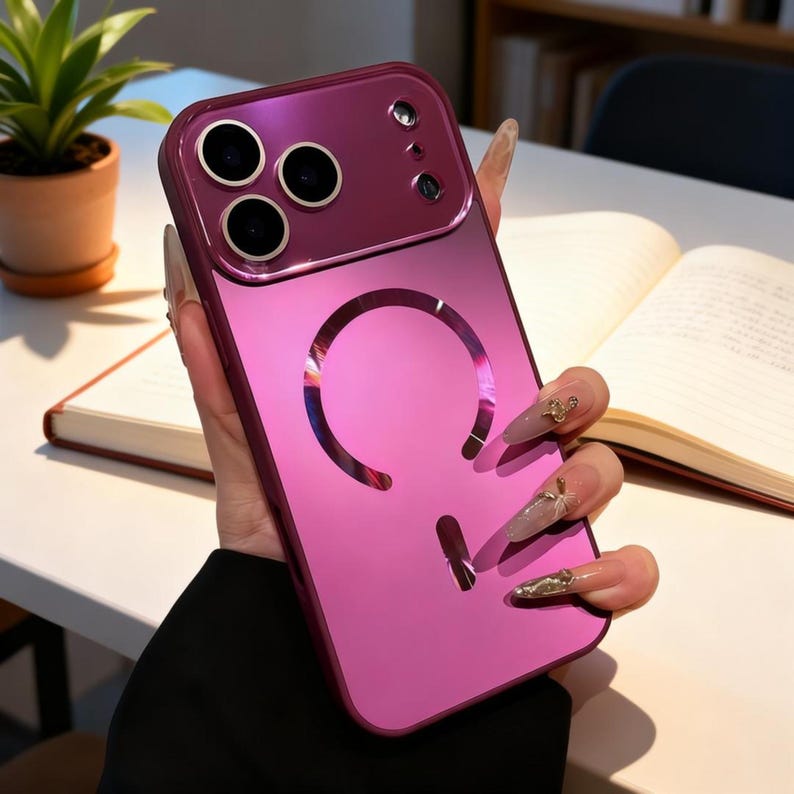 May include: A magenta-colored phone case with a reflective surface. The case has a circular cutout and a vertical line cutout. The camera section is a darker magenta. The case is designed for a smartphone.