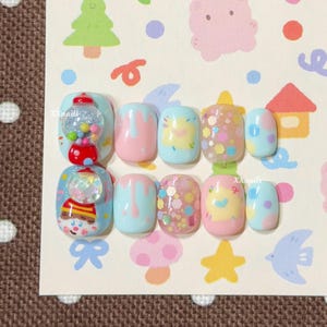 M size | Kawaii Gashapon Press On Nails | 3D Candy Pastel Nail Set | Cute Capsule Machine Nails | Blue Pink Glitter Handmade Press On Nails