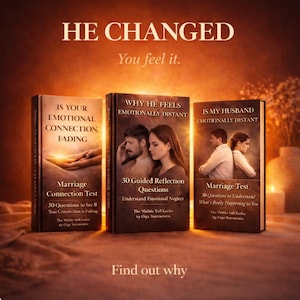 May include: Three book covers with titles related to relationships. The first book is titled "Is Your Emotional Connection Fading". The second book is titled "Why He Feels Emotionally Distant". The third book is titled "Is My Husband Emotionally Distant".