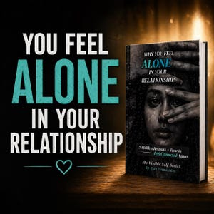 Könnte beinhalten: Ein Buch mit dem Titel "Warum Sie sich in Ihrer Beziehung allein fühlen" mit einer betrübten Frau auf dem Cover. Der Buchtitel ist in Weiß und Türkis gehalten, mit dem Namen des Autors und dem Serientitel unten. Der Hintergrund ist dunkel.