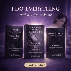 May include: Three books with dark covers are displayed, each with white text. The titles include "High Functioning", "Do I Matter in My Relationship", and "Emotionally Strong Secretly Lonely". The image also includes the text "I Do Everything and still feel invisible."