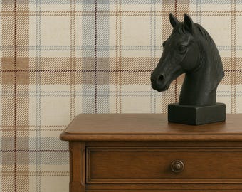 Papel pintado a cuadros beige, marrón y azul, estilo acogedor de cabaña, estilo tradicional de granja (autoadhesivo, preencolado)