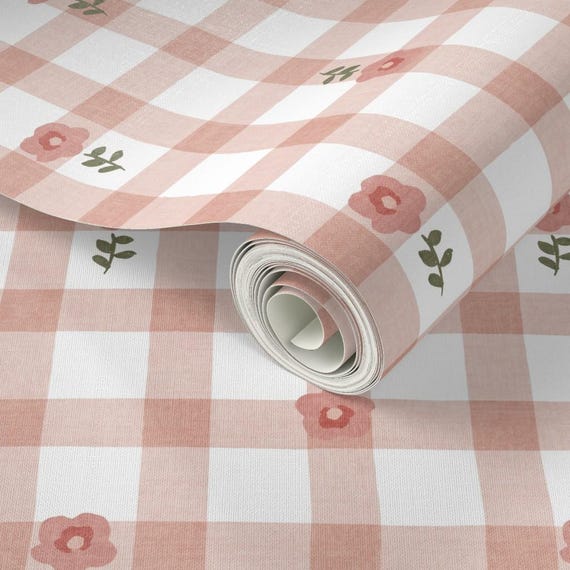 Blush Pink Floral Gingham Wallpaper, Cottage Style Check, Nursery Decor (Peel & Stick, Pre-Pasted)