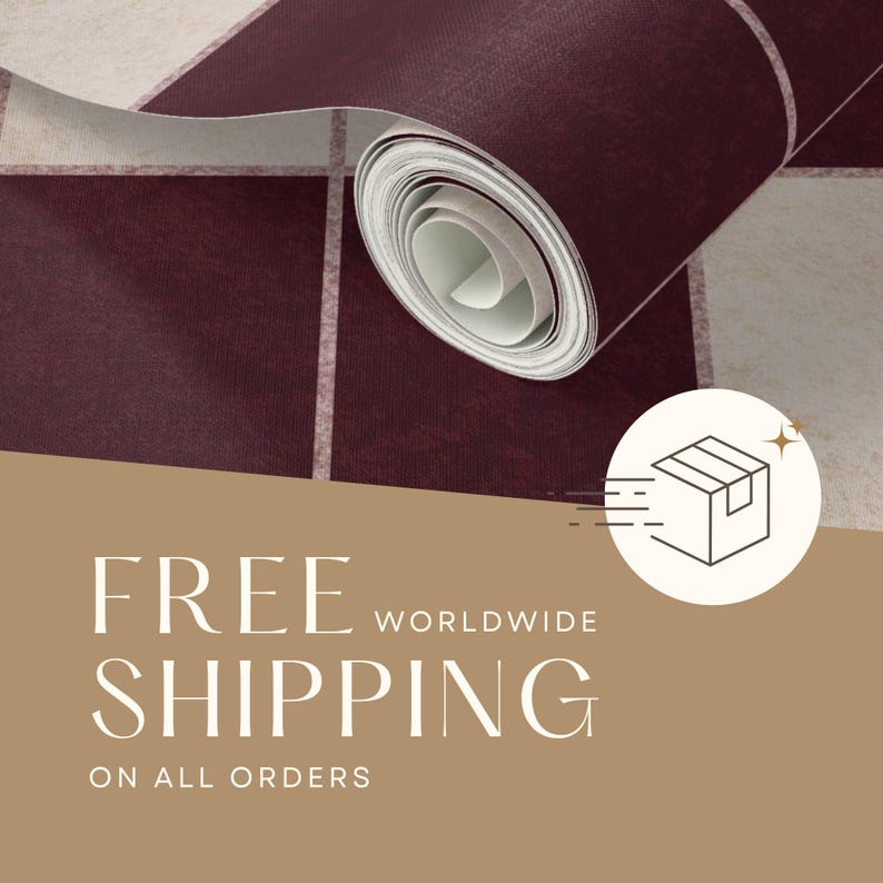 May include: A roll of wallpaper featuring a repeating grid pattern of deep burgundy and off-white squares. The surface has a subtle, textured appearance, and the roll is partially unspooled, revealing the layered structure of the material.