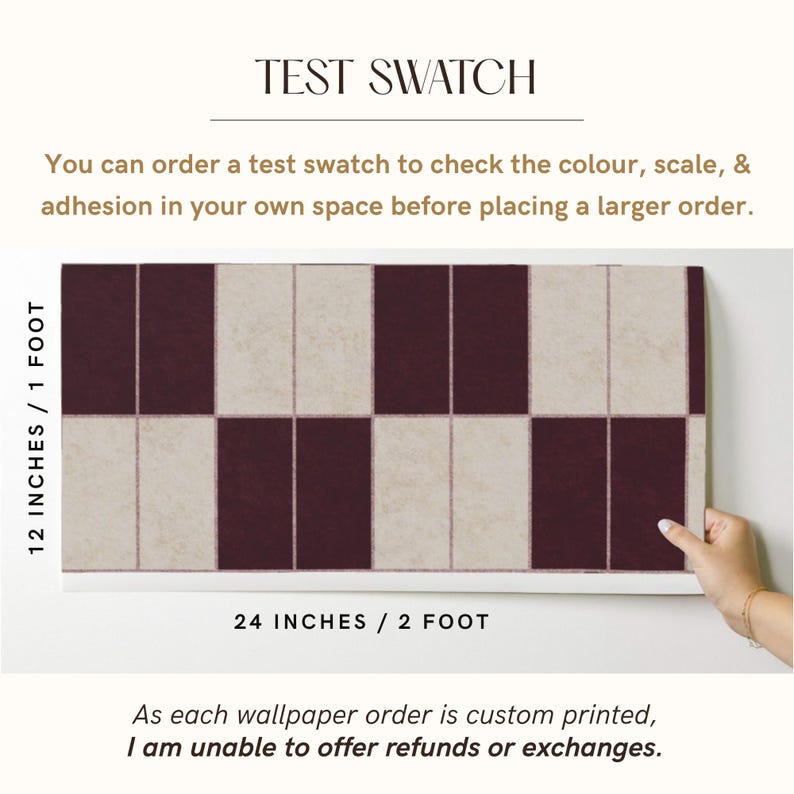 May include: A rectangular wallpaper test swatch featuring a repeating geometric pattern of alternating dark maroon and cream-colored vertical rectangles. The swatch measures 12 inches by 24 inches, as indicated by the text labels on the image.