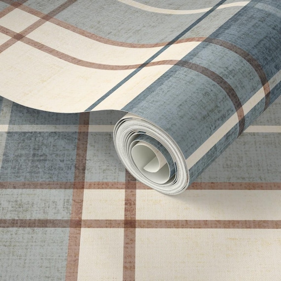 Dusty Denim Blue Plaid Wallpaper, Cozy Cabin Check, Farmhouse Traditional Style (Peel & Stick, Pre-Pasted)