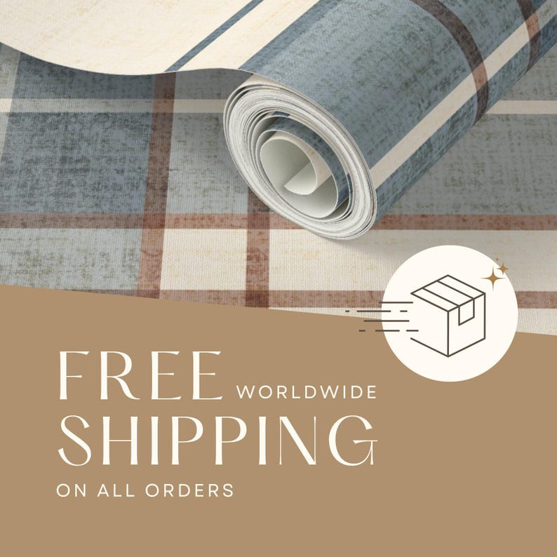 Puede incluir: Un rollo de papel pintado con un dise&ntilde;o a cuadros azul, blanco y marr&oacute;n. El papel pintado est&aacute; parcialmente desenrollado, revelando el patr&oacute;n. La imagen tambi&eacute;n incluye las palabras "FREE SHIPPING" y un gr&aacute;fico de una caja.