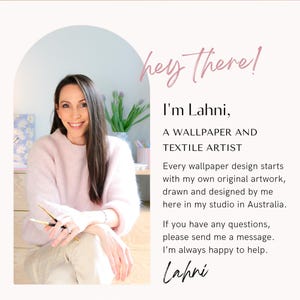 Puede incluir: Imagen promocional de Softly Studio Home, con la artista Lahni. El texto dice "hey there!" y presenta a Lahni como artista de papel pintado y textil con sede en Australia. La imagen tambi&eacute;n incluye el texto "Gracias por apoyar a los artistas independientes".