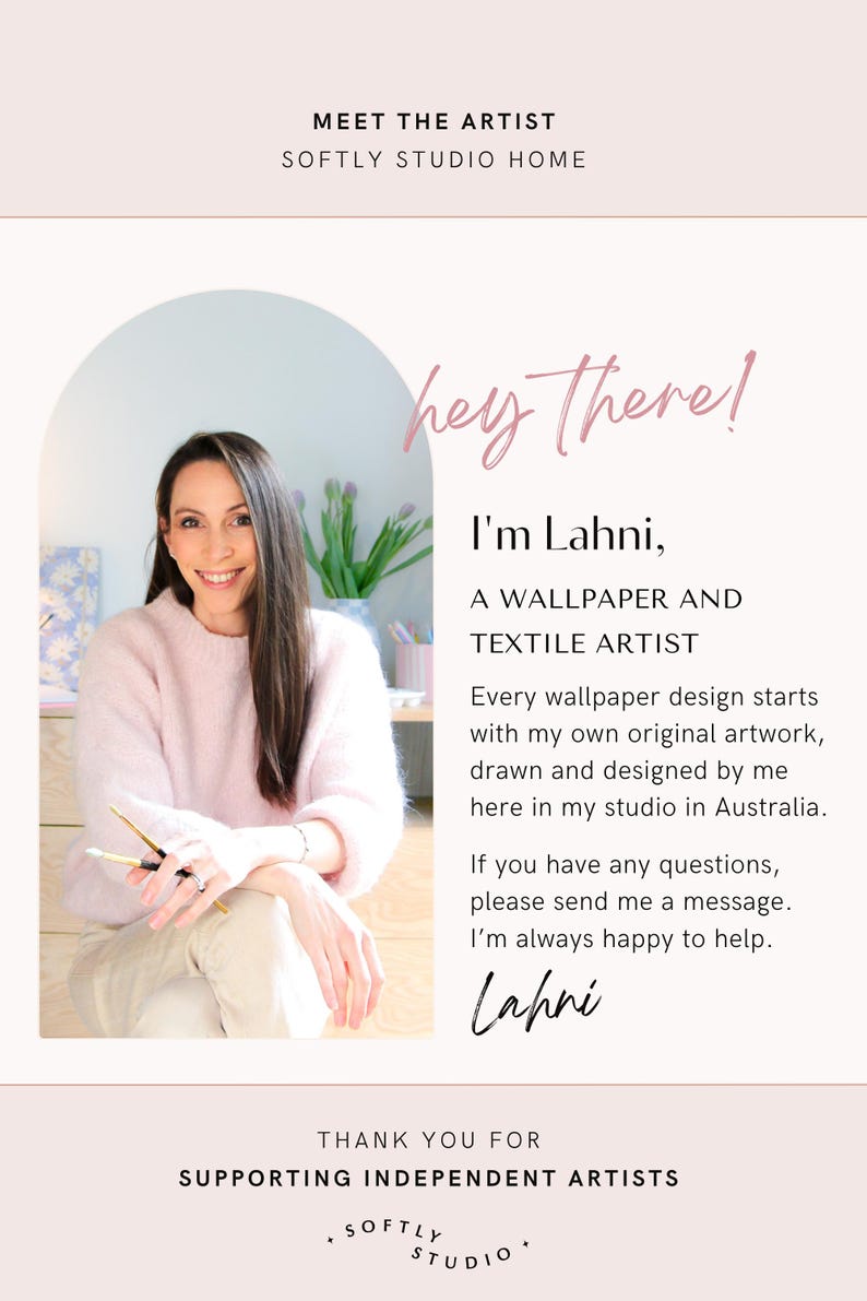 Puede incluir: Imagen promocional de Softly Studio Home, con la artista Lahni. El texto dice "hey there!" y presenta a Lahni como artista de papel pintado y textil con sede en Australia. La imagen tambi&eacute;n incluye el texto "Gracias por apoyar a los artistas independientes".