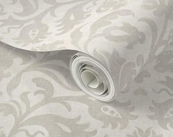 Neutral damask tapet för grandmillennial, fransk lantlig sovrum, hallar och entréer (skalbar, färdigklistrad)