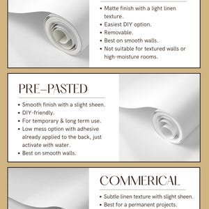 Puede incluir: Un gr&aacute;fico informativo que detalla tres tipos de papel pintado: Peel & Stick, Pre-Pasted y Commercial. Cada tipo se describe con caracter&iacute;sticas clave y usos ideales, con rollos de papel pintado blanco en el fondo.