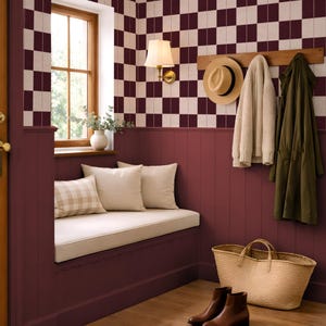 Vintage Faux Subway Peel and Stick Tile Wallpaper, Burgundy Cream Checkerboard, (Rental Friendly) image 3