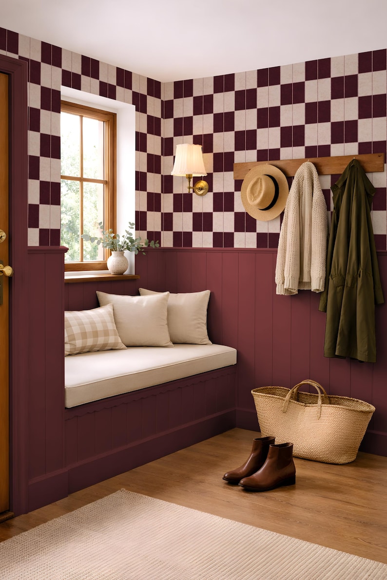 Vintage Faux Subway Peel and Stick Tile Wallpaper, Burgundy Cream Checkerboard, (Rental Friendly) image 3