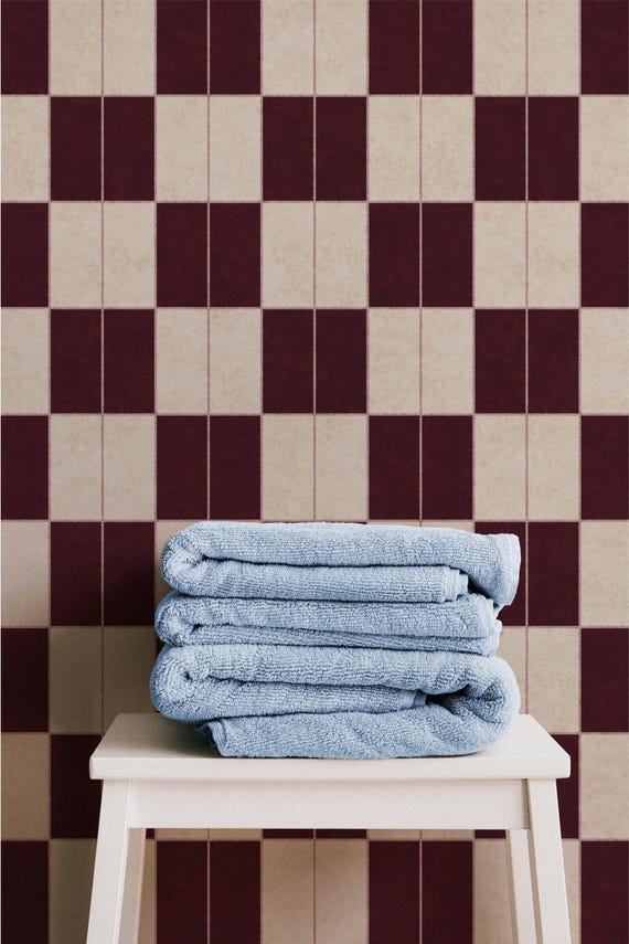 Vintage Faux Subway Peel and Stick Tile Wallpaper, Burgundy Cream Checkerboard, (Rental Friendly)