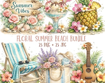 Beach Clipart PNG + JPG Bundle | Watercolor Coastal Summer Icons | Tropical Seaside Graphics