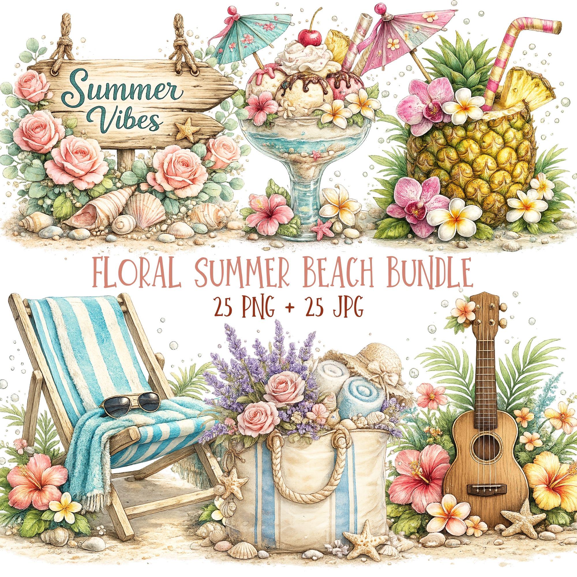 Beach Clipart PNG + JPG Bundle | Watercolor Coastal Summer Icons | Tropical Seaside Graphics